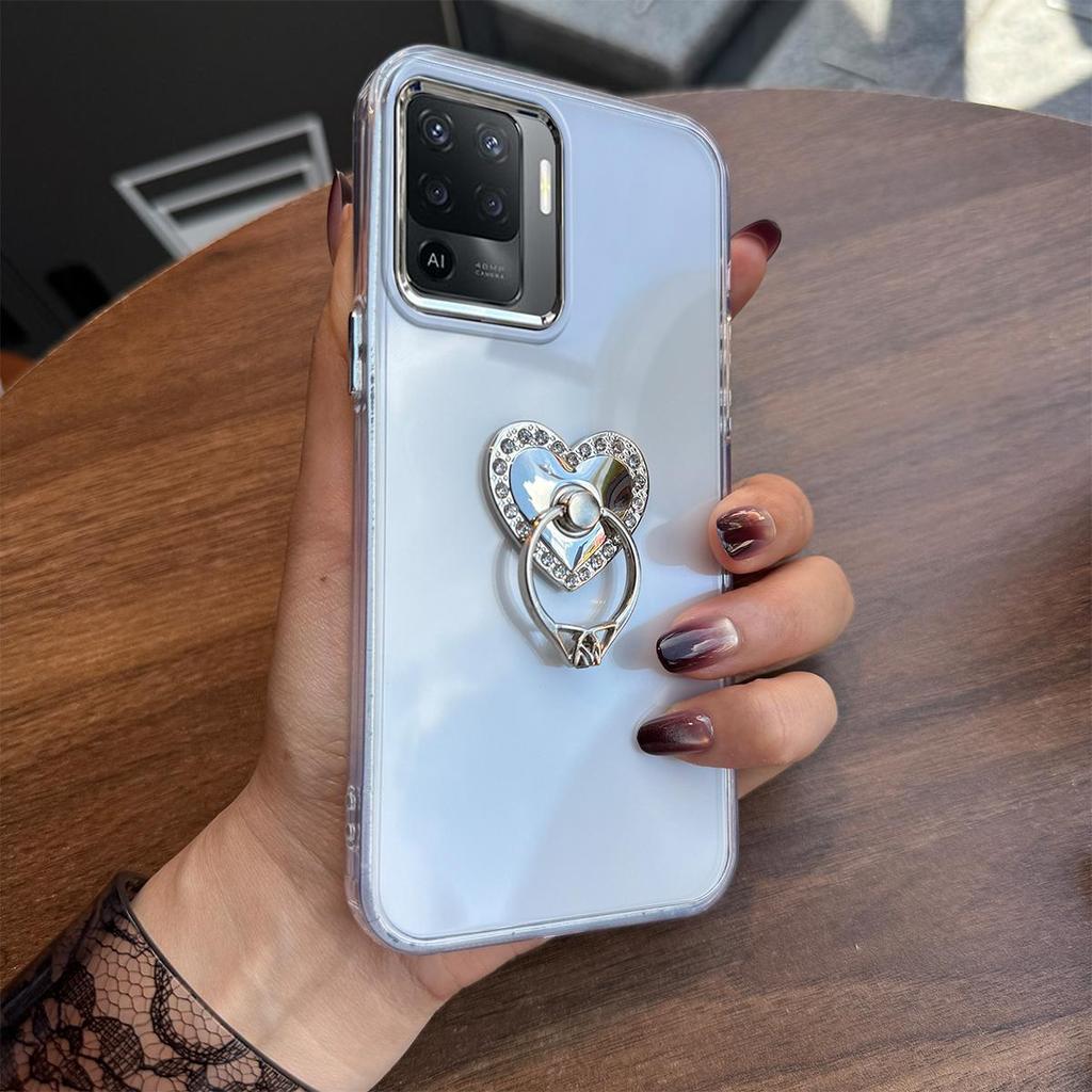 Luxury Bling Rhinestone Heart Ring Bracket Clear Phone Case for OPPO Reno5 Lite,A94 4G Stand Cover