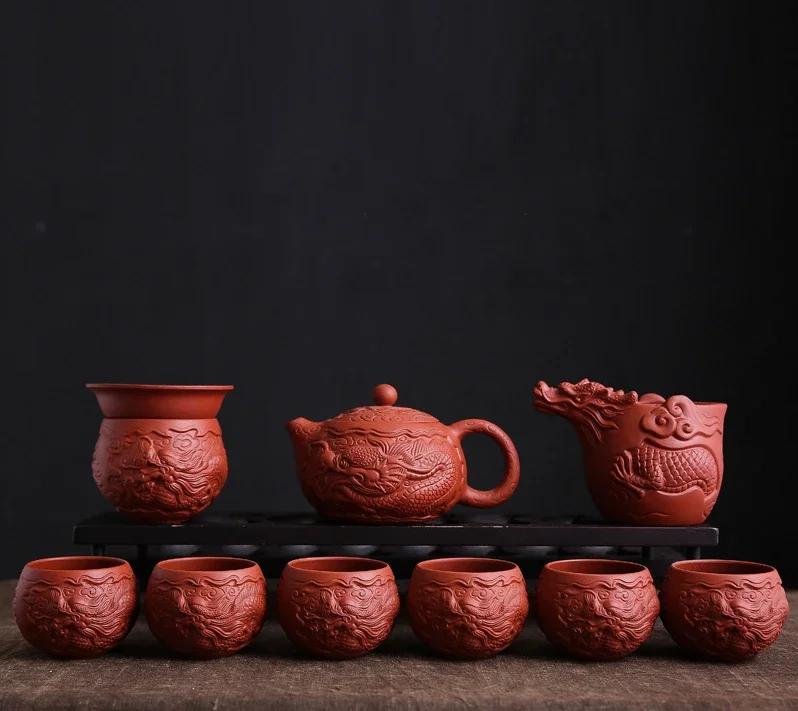 10pcs/set High End Retro Relief Purple Clay Kung Fu Tea Set, Home Living Room, Original Mineral Red Clay Tea Cup, Tea Pot
