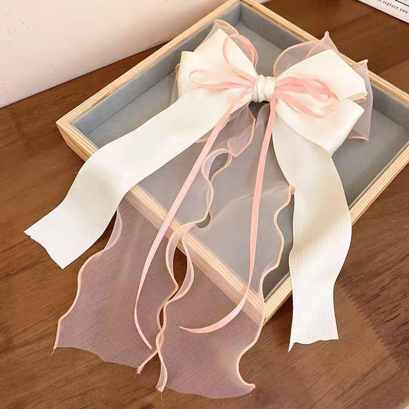 Lace Hair Bow Clip Coquette Fashion Bow Barrettes with Long Tail Ribbon for Women Christmas Valentines Wedding Prom Accessories
