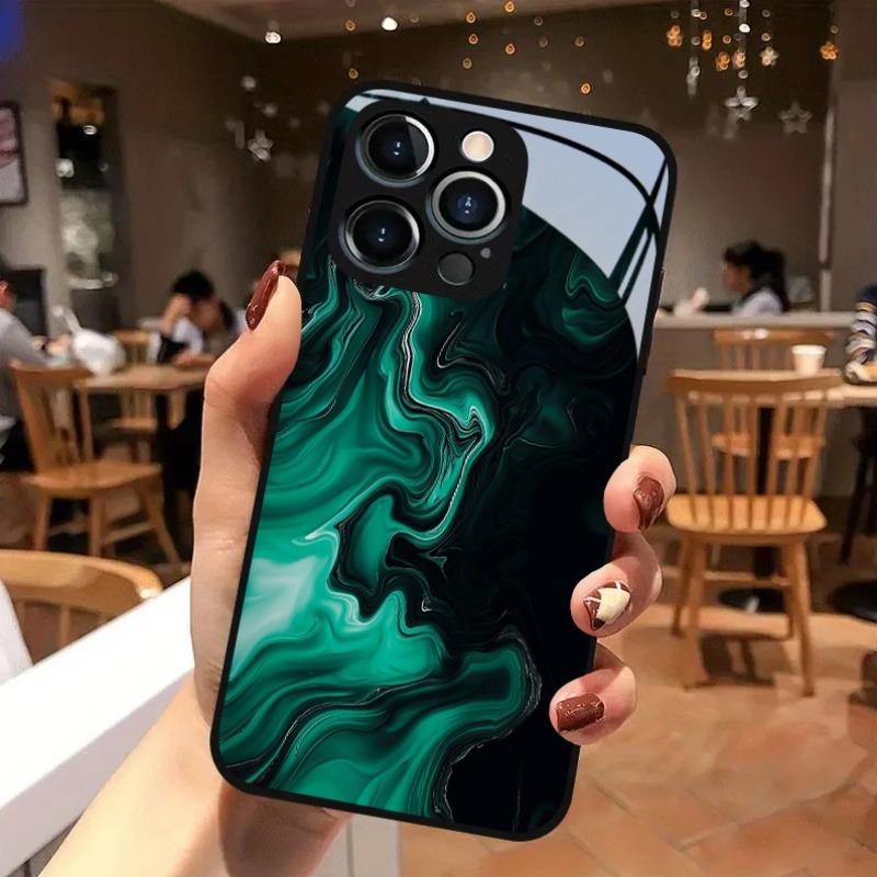 Ink Green Flowing Pattern Tempered Glass Black Phone Case For iPhone 17 16 15 14 13 12 11 Pro Max 17 Air 7 8 Plus XS X XR Cover
