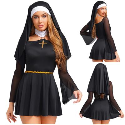 Womens Naughty Nun Cosplay Dress O-ring Halter Off Shoulder Mesh Long Sleeve Culottes Dress with Headscarf