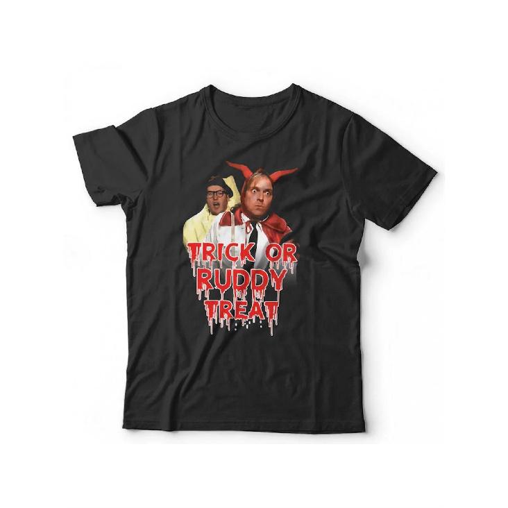 Humorous Halloween Trick Or Treat T-Shirt - Vintage British Comedy Shirt Featuring Rik Mayall & Ade Edmondson, Durable Opaque Material, Perfect for a S