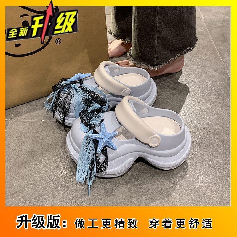 Platform slippers beach non-slip hole shoes women's 2025 new cute bow cartoon muffin bag head shoes women's