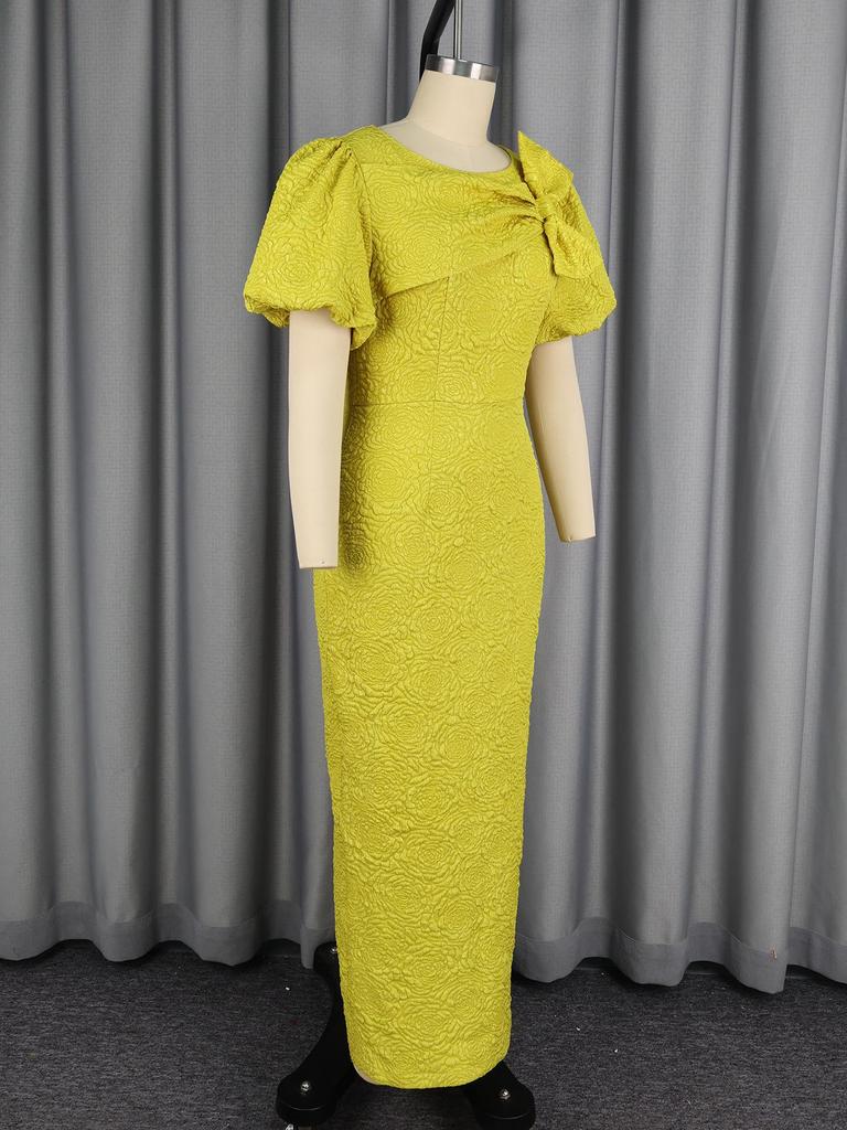 Plus Size Women's Jacquard Bowknot Puff Sleeve Slimming Party Dress