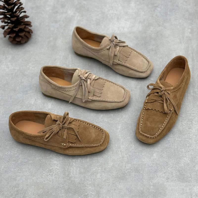 Ručně vyráběné dámské mokasíny z hovězí semišové kůže Čtvercový špička Ploché boty pro ženy Pohodlné Nízký nárt Měkká podrážka Dámské mokasíny
