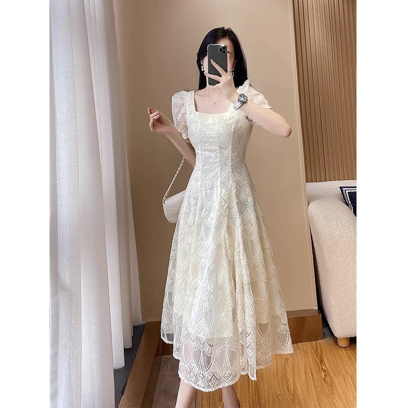 Rochie din plasă cu dantelă cu gât pătrat - Colecție Petite Stil Elegant Socialit de Vară pentru Femei