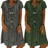 Robe Vintage pour Femme, Couleur Unie, Col en V, Manches Courtes, Imprimée, Coupe Ample, Longueur Genou