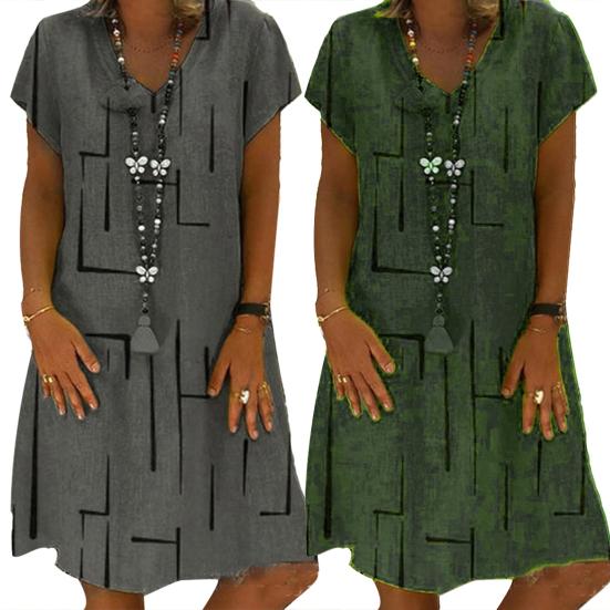 Robe Vintage pour Femme, Couleur Unie, Col en V, Manches Courtes, Imprimée, Coupe Ample, Longueur Genou