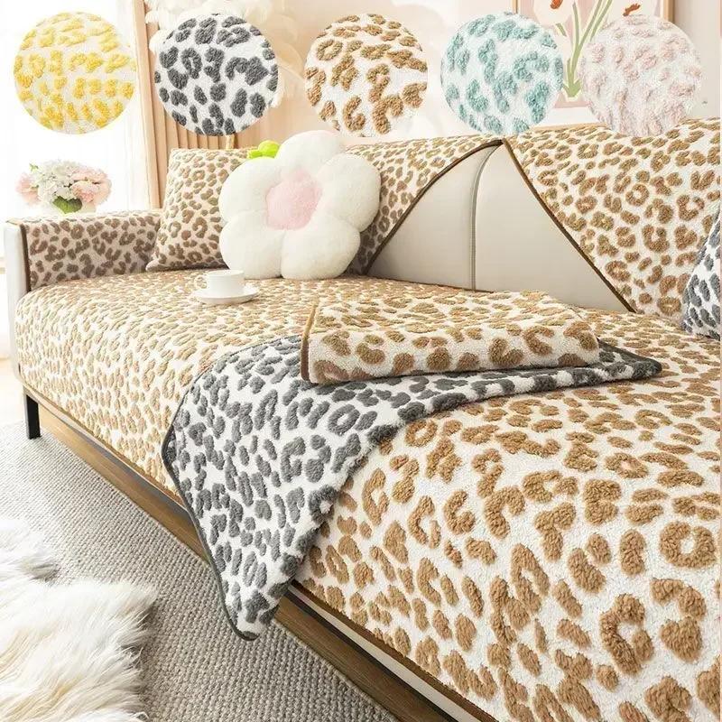 Plush Leopard Print Sofa Cushion Winter Thick Anti Slip Sofa Towel Pillowcase High End L-shaped Sofa Full Coverage Dust Covers