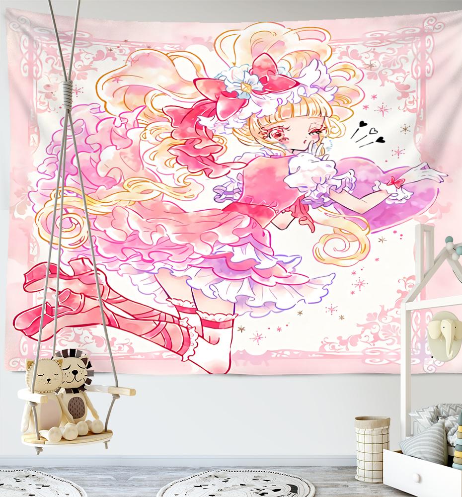Cartoon Pink Anime Girl Tapestry Boho Kawaii Art Minimalistyczny Wiszący Na Ścianie Pokój Dziecięcy Wystrój Sypialni