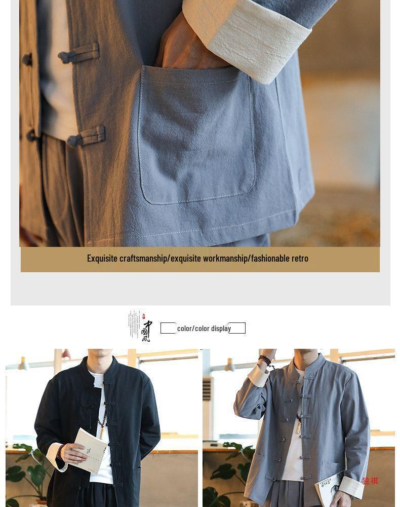 Men's Tang Suit Cotton & Linen Hanfu: Traditional Chinese Costume for Meditation & Tea Ceremonies (Spring-Summer-Fall)