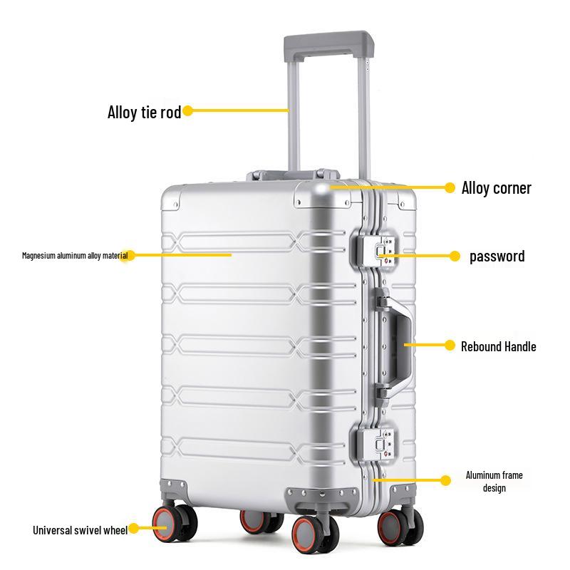 Aluminum-Magnesium Alloy Suitcase with Universal Wheels, 20/24/28-inch