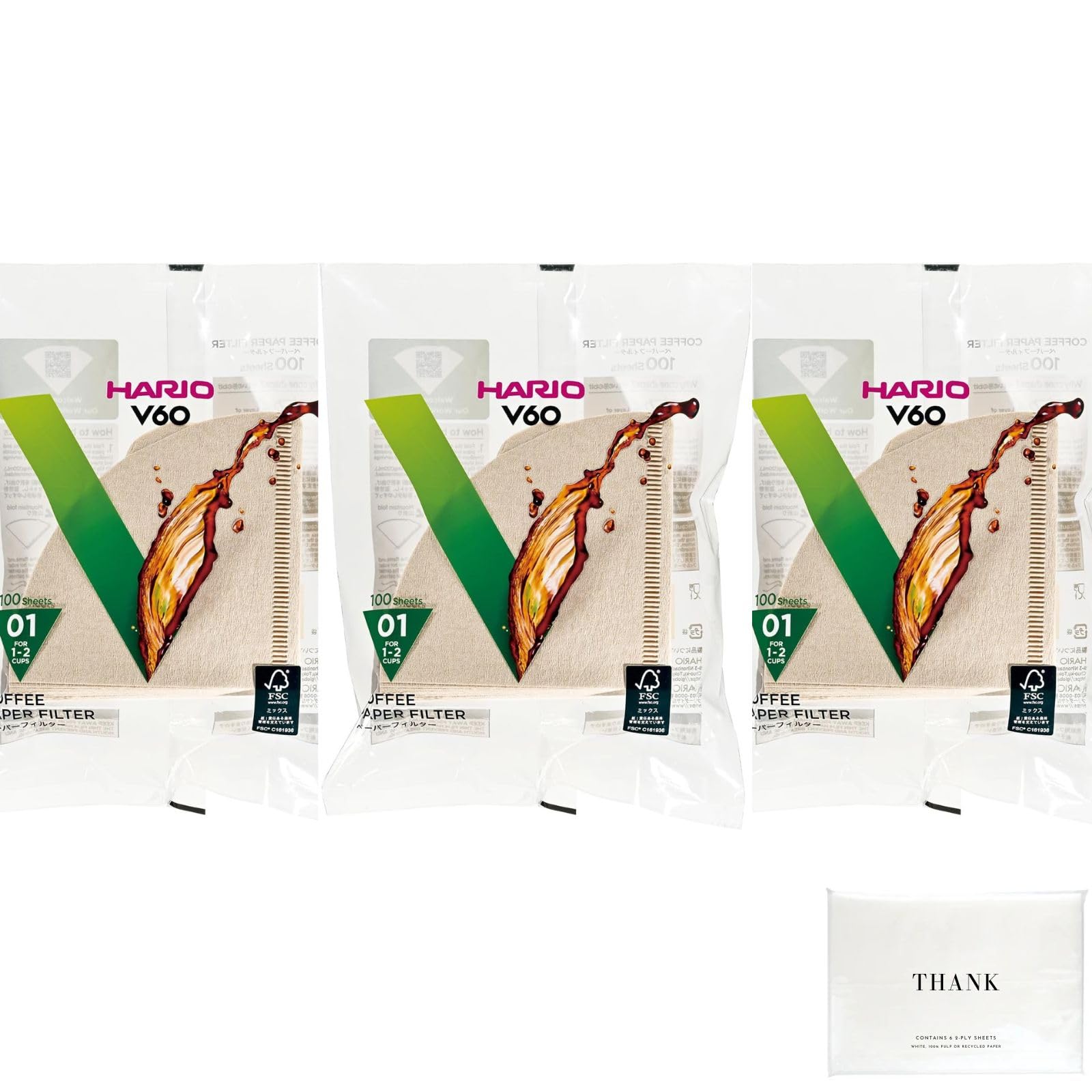 

Paper filter for HARIO for 100 with pocket tissue V60, unbleached, 1-2 cups, pieces, VCF-01-100M (3 pieces),