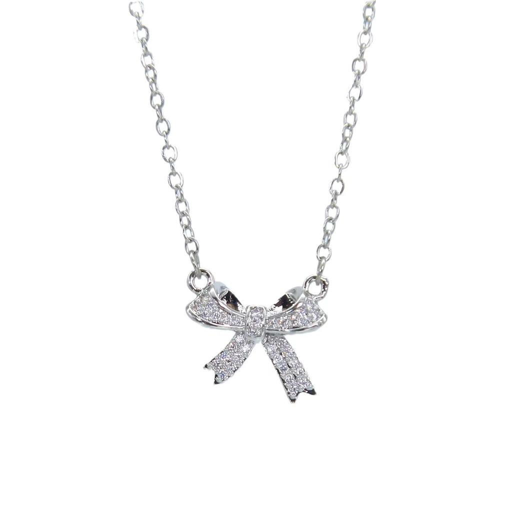 Bow Necklace Women'S Light Luxury Design Simple Micro-Inlaid Pendant Collarbone Chain Necklace