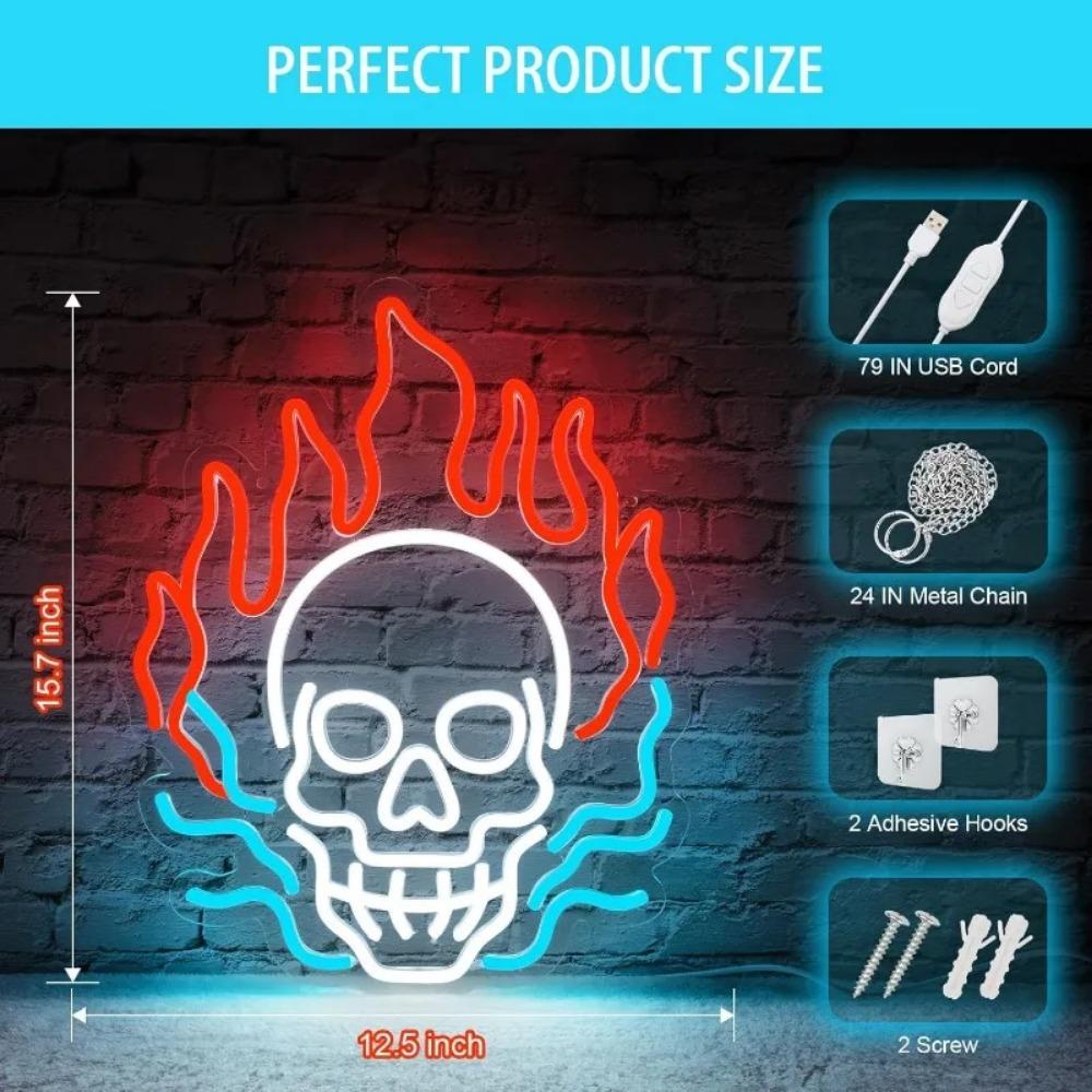 Skull Fire Neon Walls Decorated with Dimmable Halloween LED,USB-powered Men Cave Bar Club Game Room Halloween Party Decorations