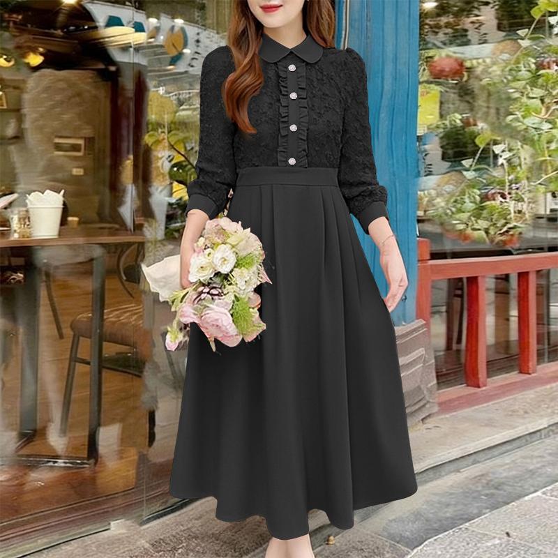 

ZANZEA Women Classic Collar Long Sleeve Patchwork Casual Dress 2XL чорний