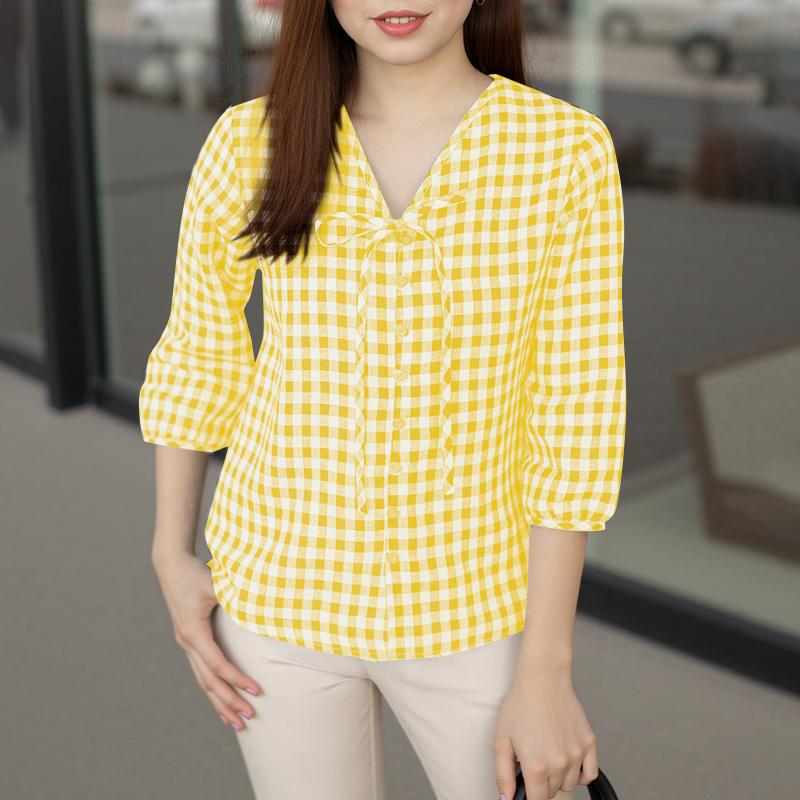 

ZANZEA Женская повседневная блузка с V-образным вырезом, рукавом 3/4, свободного кроя, с клетчатым принтом XL жёлтый