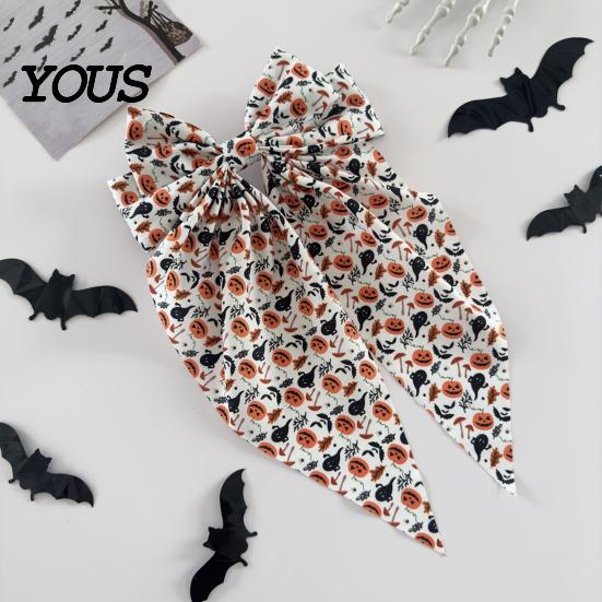 Pumpkin Hair Clip Halloween Bow Spring Clips for Women, Skeleton Ghost Hand Printed Festive Accessory Fabric Barrettes, Cute Horror Accessories