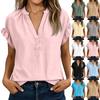 Women's Casual V-Neck Short Sleeve Top - Color Cotton Linen Blouse for Summer Daily Wear