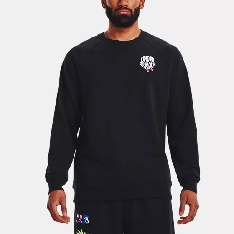 Under Armour Solid Color Letter Print Crew Neck Pullover Sweatshirt Men Tops Black 1373837-001