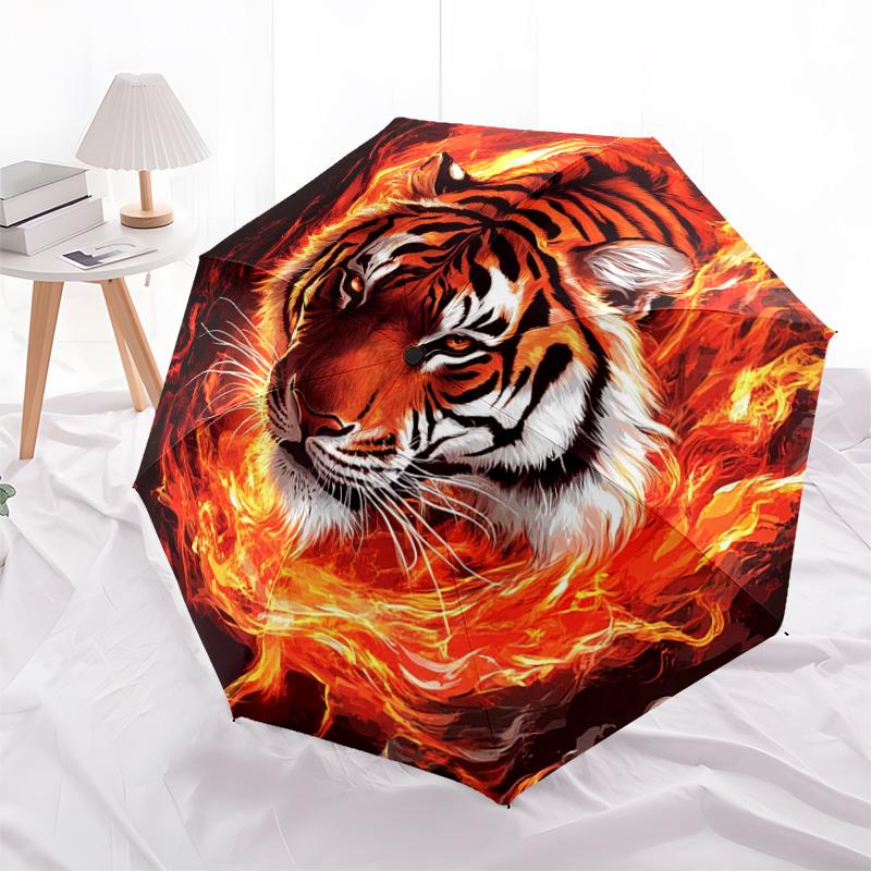 1 PC Automatic Folding Umbrella - Flaming Tiger Pattern, Portable & Foldable Design with 8 Ribs, Christmas Birthday Gifts