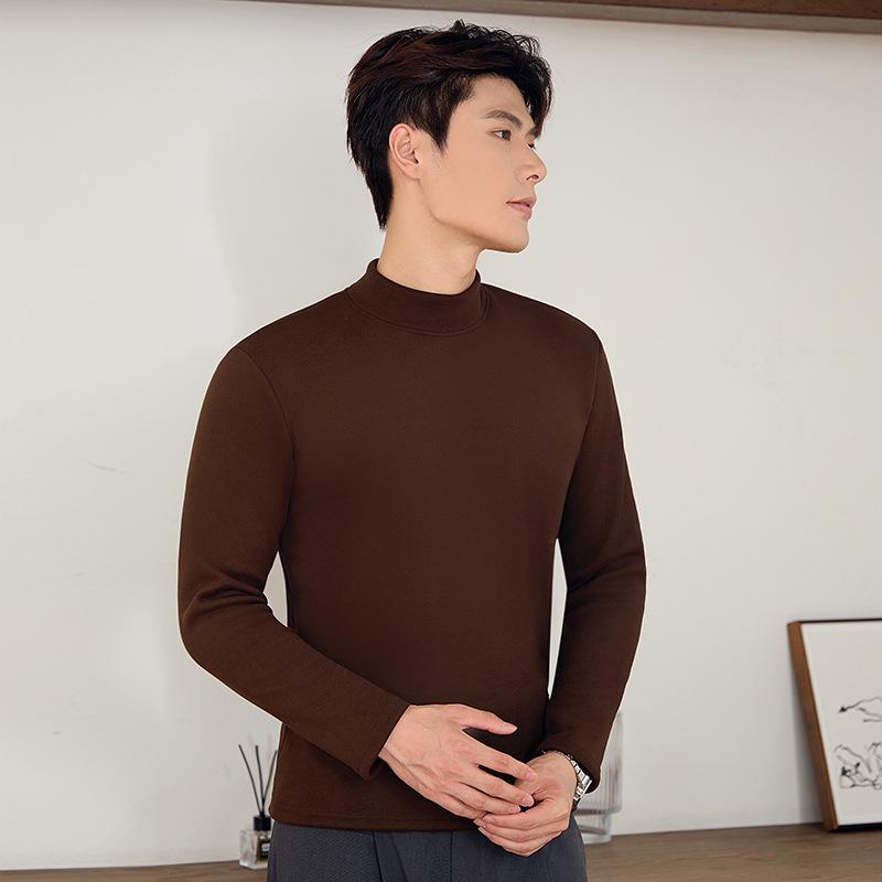 Unisex Slim Fit Knitted Half Turtleneck Shirt - Thick Velvet Lined for Autumn/Winter Warmth, Long Sleeve