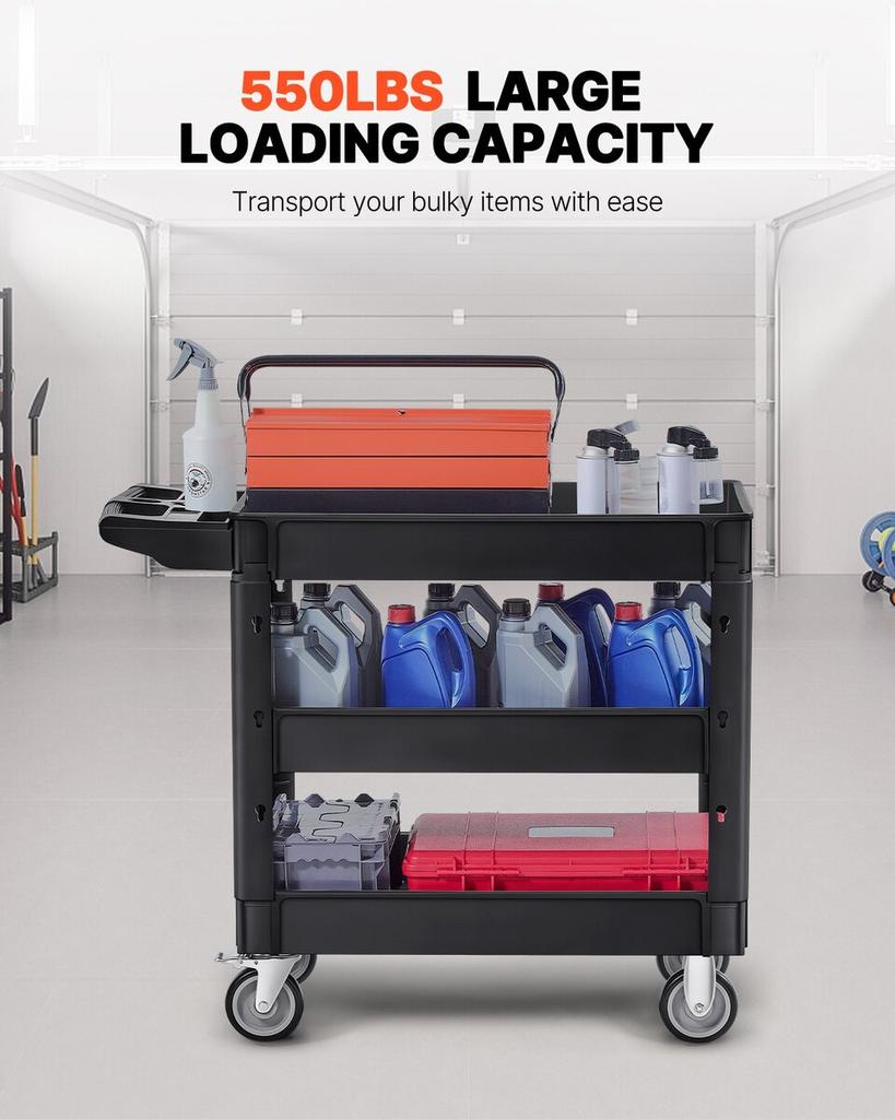 Utility Service Cart, 3 Shelf 550LBS Heavy Duty Plastic Rolling Utility Cart with 360° Swivel Wheels (2 with Brakes), Medium Lipped Shelf, Ergonomic