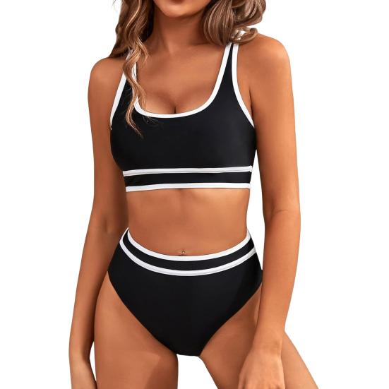 2ks/sada Dámské letní bikini souprava podprsenka bez rukávů s výstřihem do U, kalhotky s vysokým pasem, plavky plavky