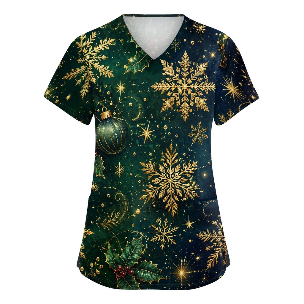 Women's V-Neck Christmas Print Scrub Top Short Sleeve Uniform with Pockets and Side Slits