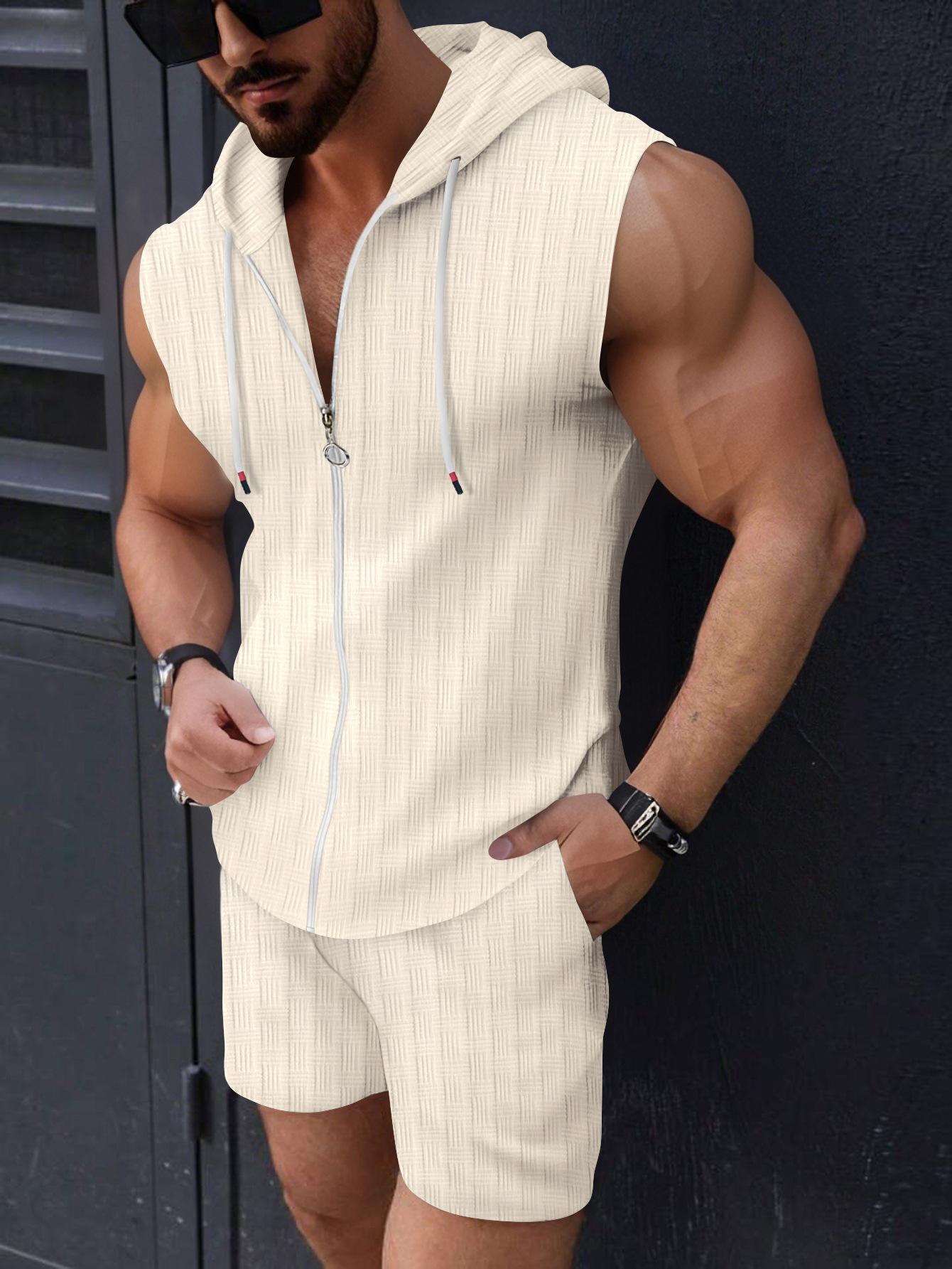 

Men s Summer Hooded Two-Piece Set, Zip-Up T-Shirt Vest and Plaid Shorts Casual Outfit, Sleeveless Sportswear Tracksuit XXL абрикосовий