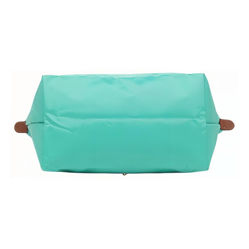 Longchamp Le Pliage 28 Chiusura con Bottone e Zip Manici Lunghi Tela e Pelle Borsa Tote a Forma di Raviolo Piccola da Donna Turchese-Blu 2605089P70