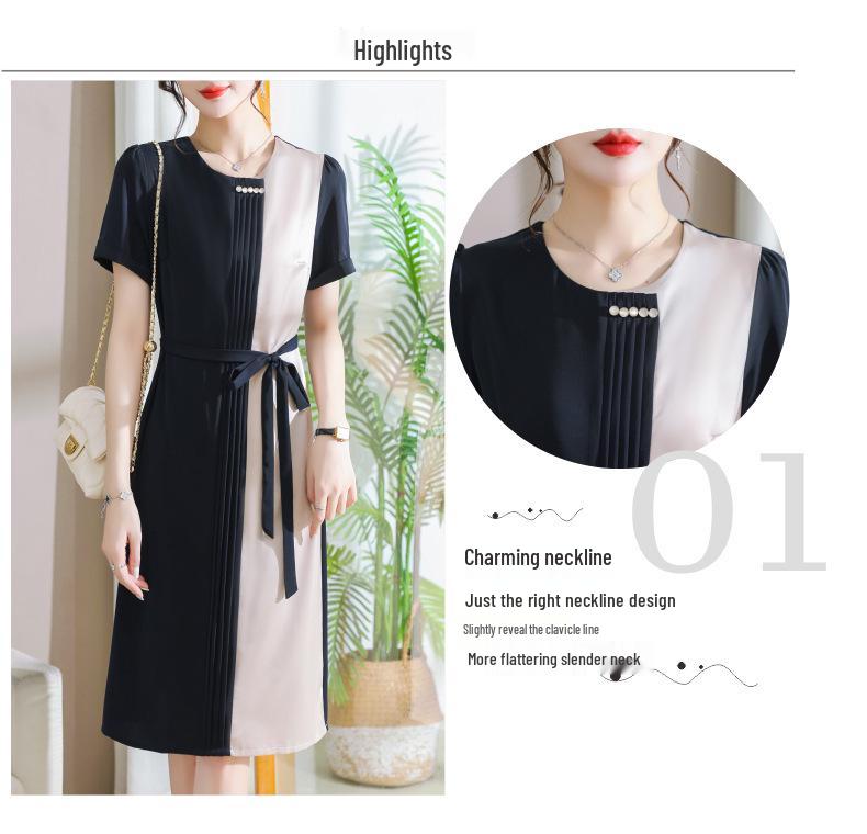 Chic Color-Block High-End Chiffon Midi Dress with Round Neck and Waist-Cinching Design for Women