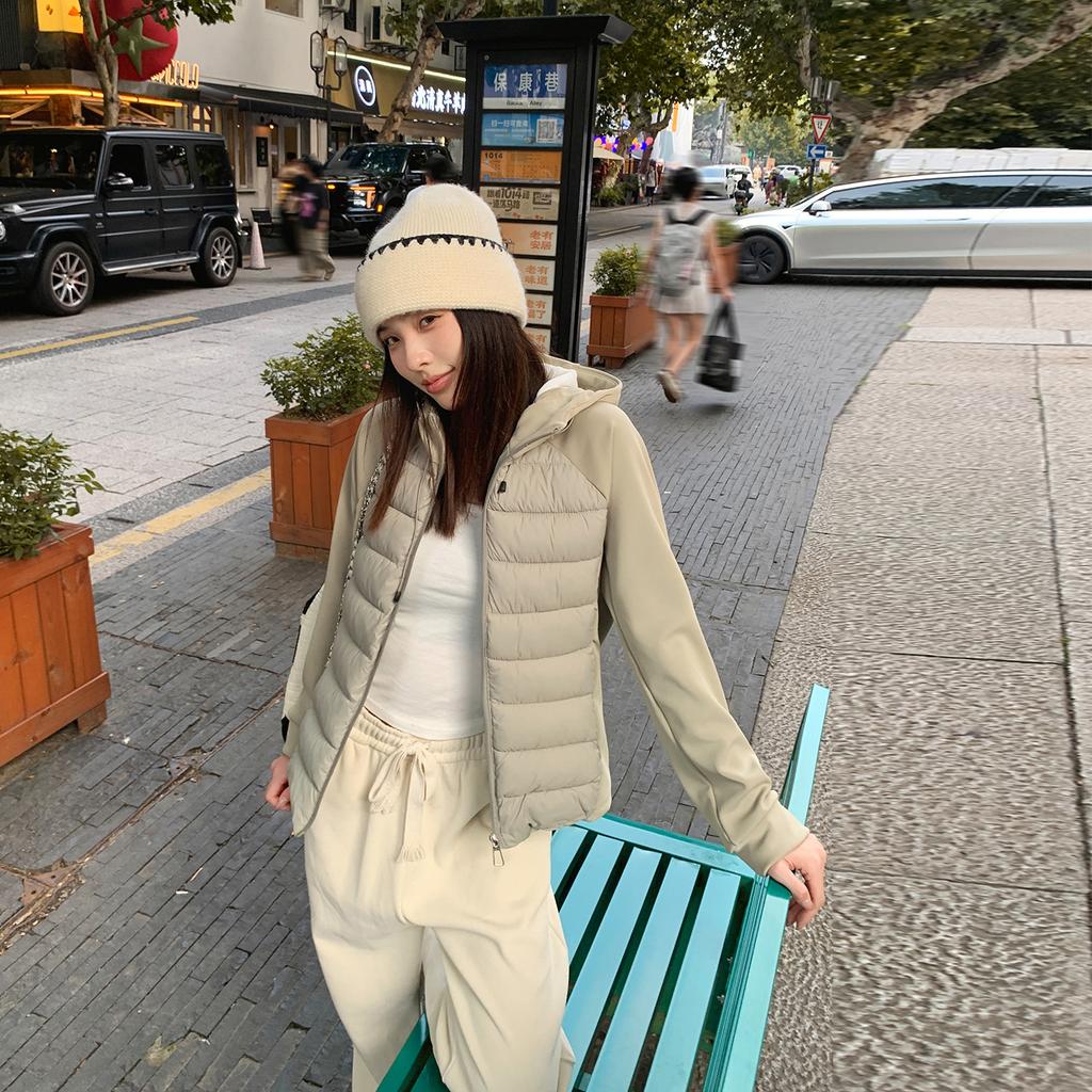 Light and Thin Ribs Cotton Clothes Women's Slim and Versatile Hooded Short Splicing Cotton-padded Clothes Women's New Coats Age Reduction