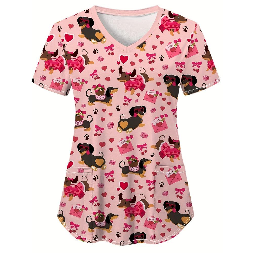 

Women s Cute Dachshund Print V-Neck Short Sleeve Top with Heart Paw Print Design Patch Pockets Perfect for Nurses Summer clothes S