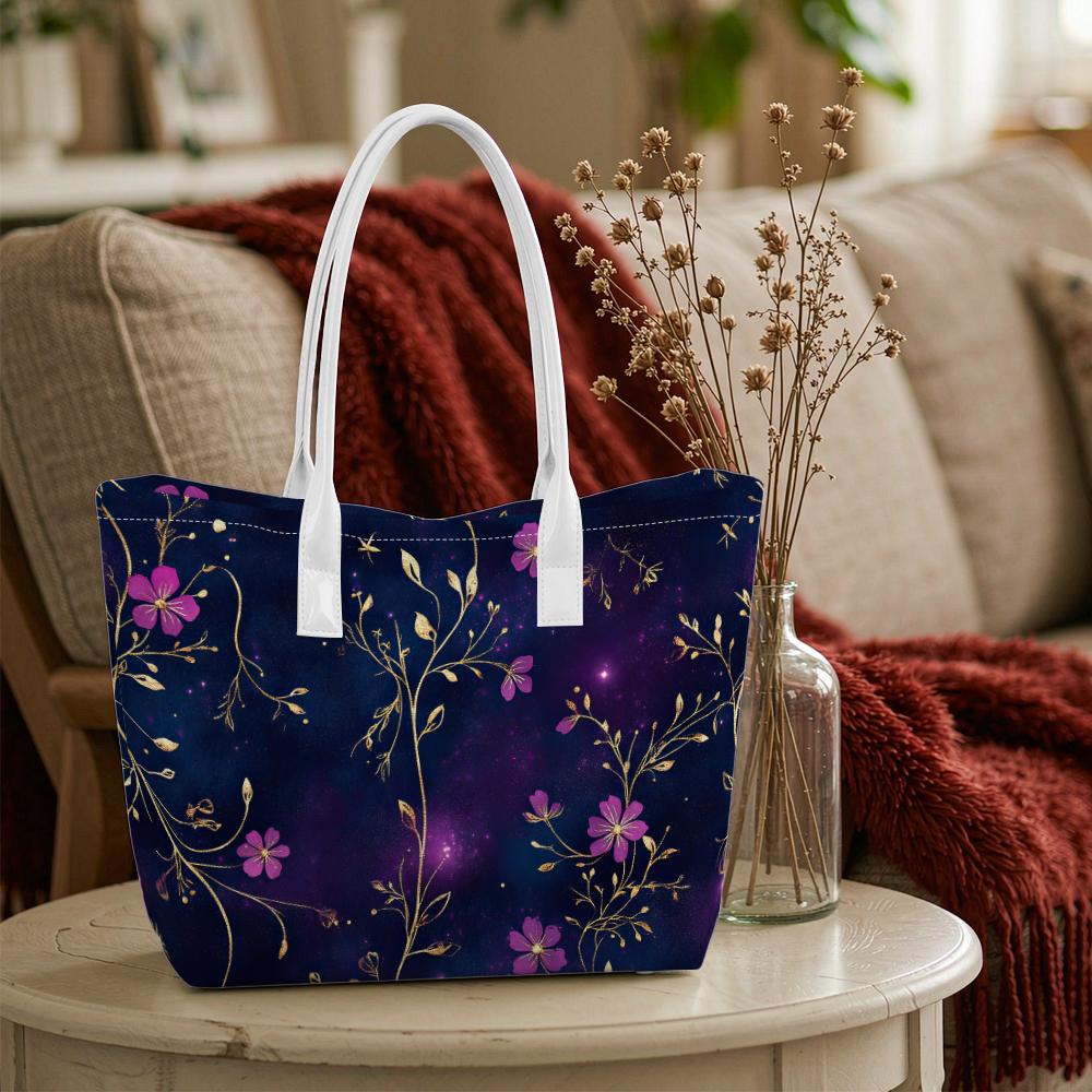 Elegant Purple Floral Print Casual Tote Bag Stylish Daily Use Handbag for Ladies
