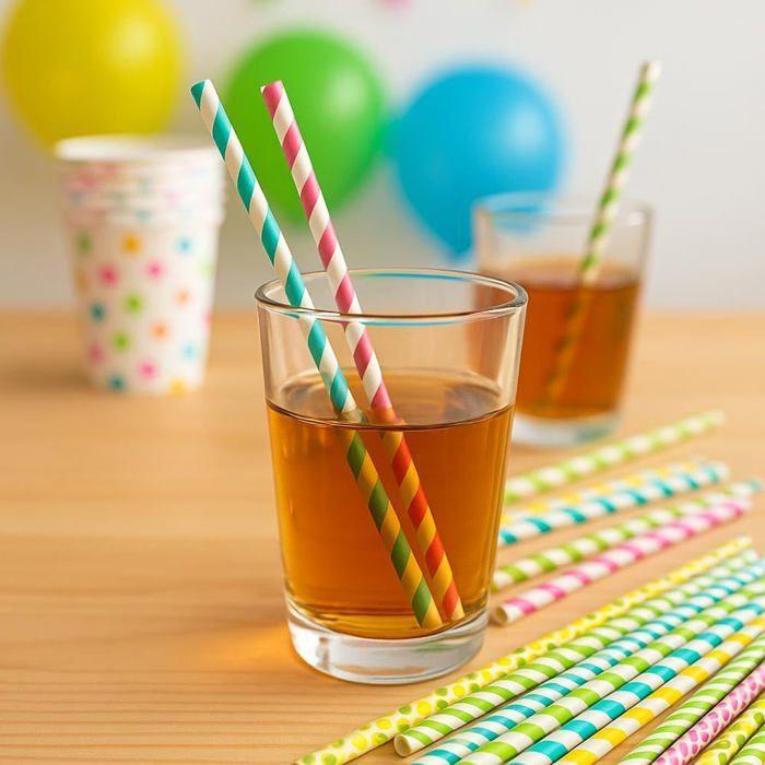 Lot de 50 Pailles en papier rayées multicolores pour Fête, anniversaire, cocktail - Taille 20 cm
