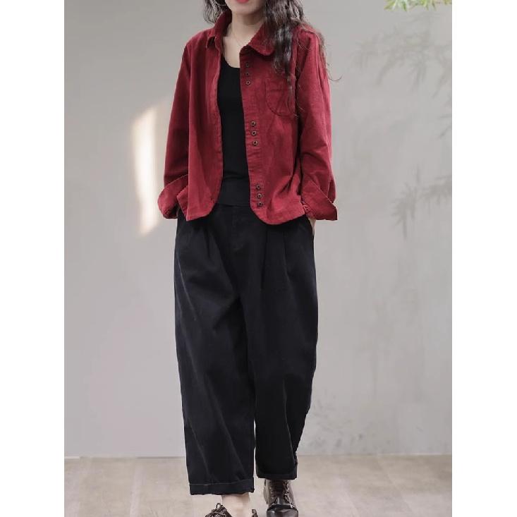 Primăvară Toamnă Nouă Cămașă Vintage Lejă Casuală din velur pentru Damă de Buzunar Moda Cardigan All-match Top Femei Bluză cu mânecă lungă Femeie