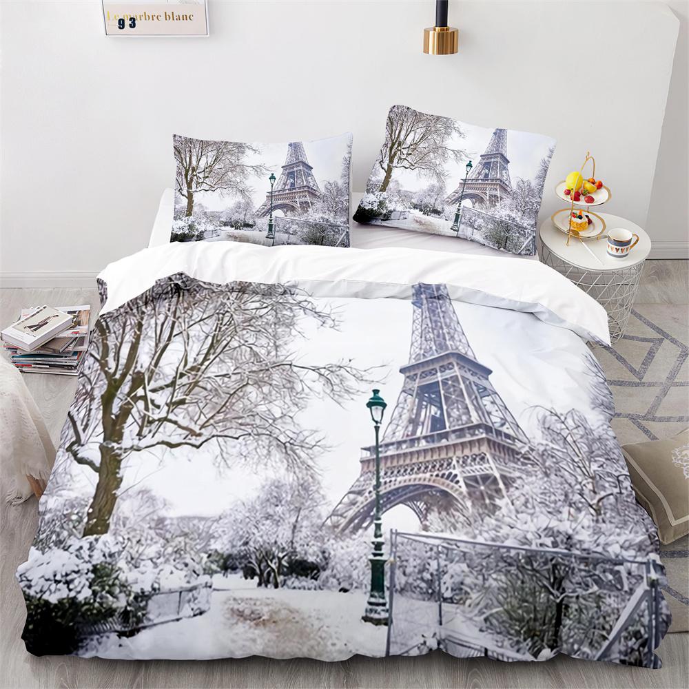 Paris Eiffel Tower Themed Couple Duvet Cover Set Cityscape Comforter Cover Romantic Polyester Bedspread Cover Pink Floral King