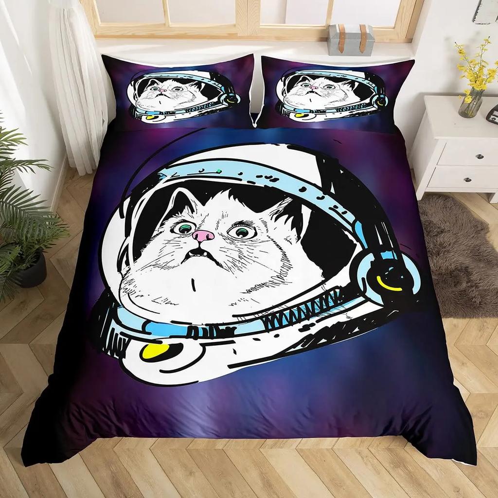 Child Cartoon Astronaut Duvet Cover Bedding Set King Size Boys Kids Galaxy Stars Out Space Soft Polyester Comforter Cover Black