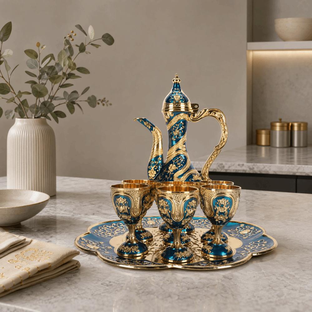8pcs With Tea Tray Turkish Tea Set Gold Blue Tea Pot Cup Set Tea Sets Tea Glass Set  For Party