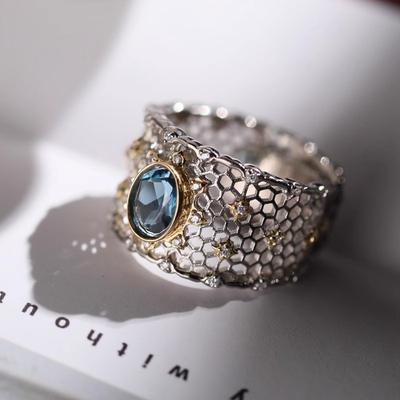 925 Silve Topaz Ring for Women Gift Lace Hollowing Out Wide Versatile Grace Vintage Jewelry