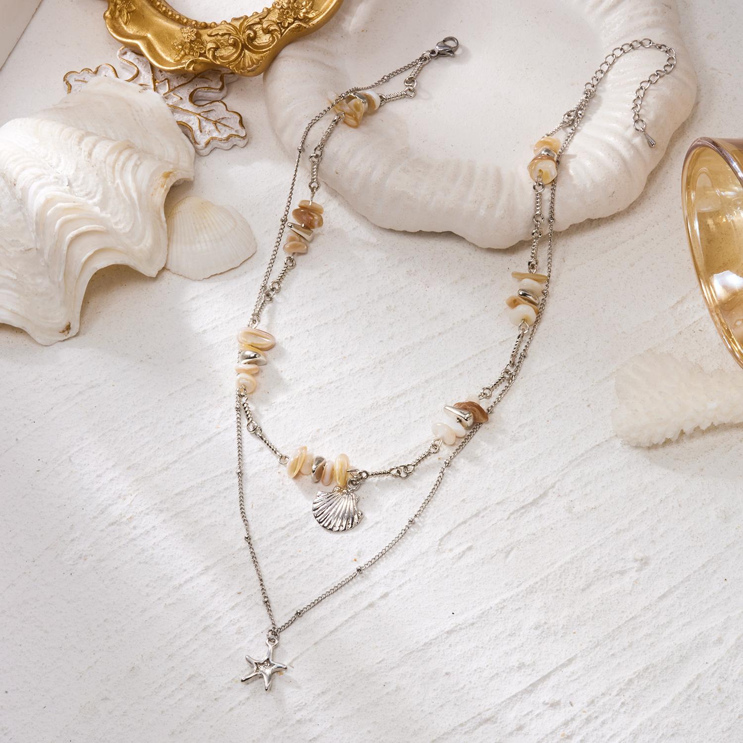 

Dainty Irregular Natural Stone Shell Double-layer Necklace for Women Punk Starfish Choker Chain Beach Party Jewelry Gift
