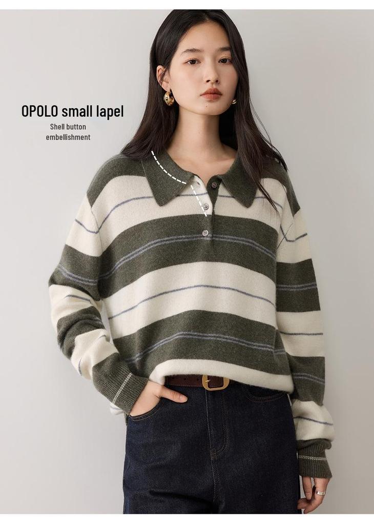 Seven-Gauge Thickened Cashmere V-Neck Color-Block Stripe Polo Collar Pullover