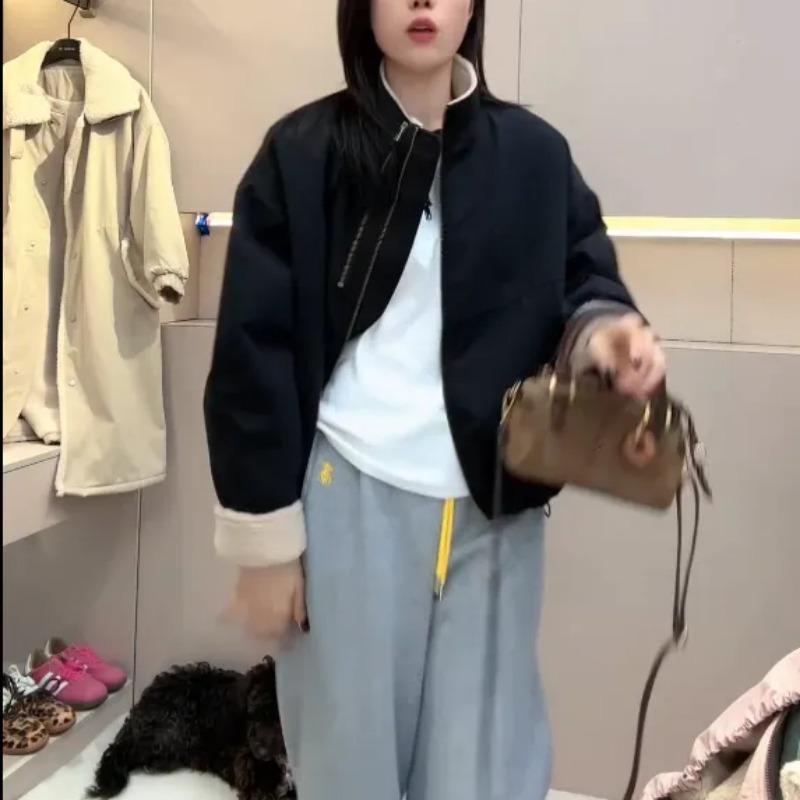 Double Zipper Stand Collar Parka Women's Short Winter New Korean Style Design Imitation Lamb Wool Jacket Casual Jacket