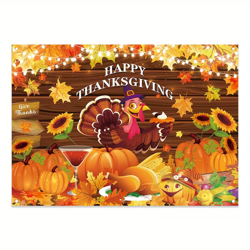 2D Brown Wood Plank Turkey Pumpkin Happy Thanksgiving Backdrop Autumn Harvest Wall Tapestry