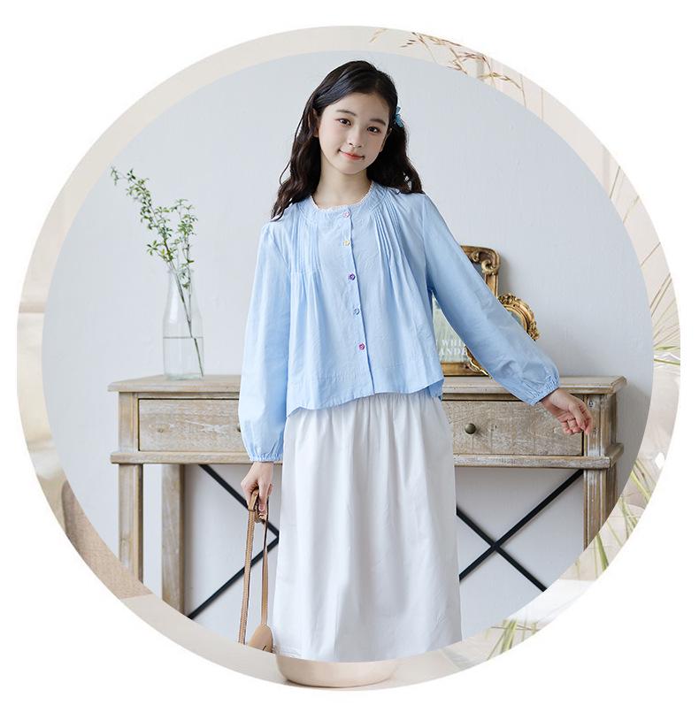 Girls' Autumn Lace Two-Piece Set: Long-Sleeve Top and Skirt for Children