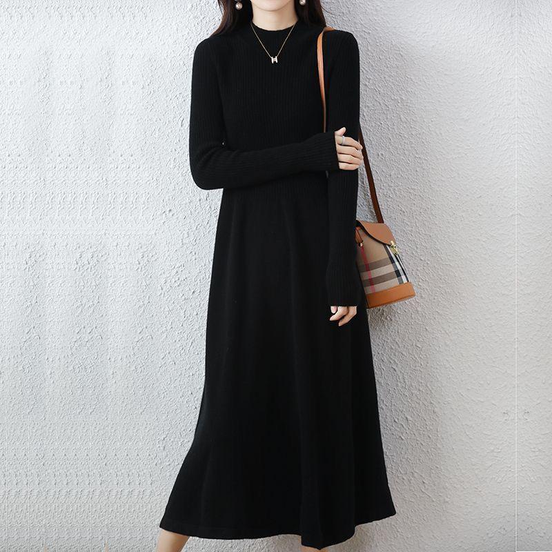 Autumn and Winter Knitted Dress for Women's Casual Mid-length Half Turtleneck Pullover Long-sleeved Sweater Dress