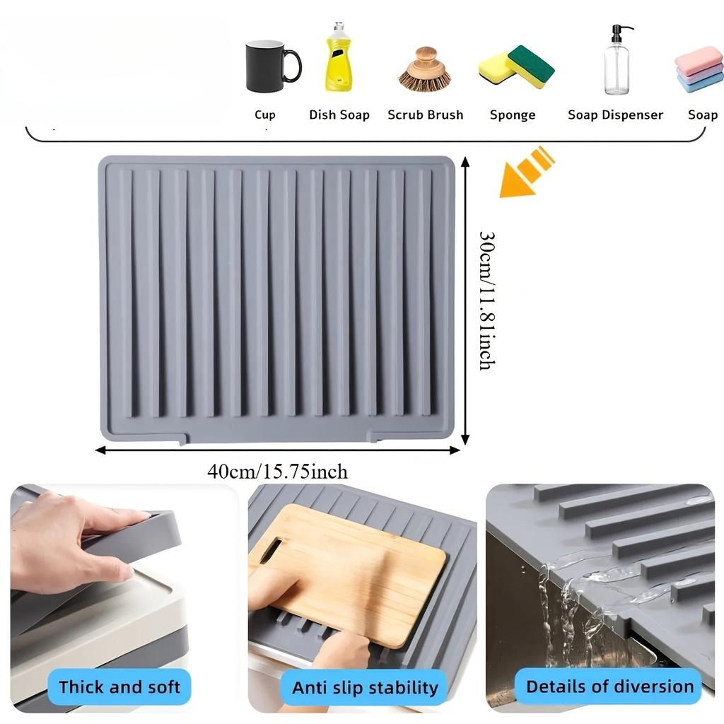Thickened Silicone Kitchen Drain Mat | Non-Slip Heat-Resistant Waterproof Sink Countertop Draining Pad with Drainage Channels