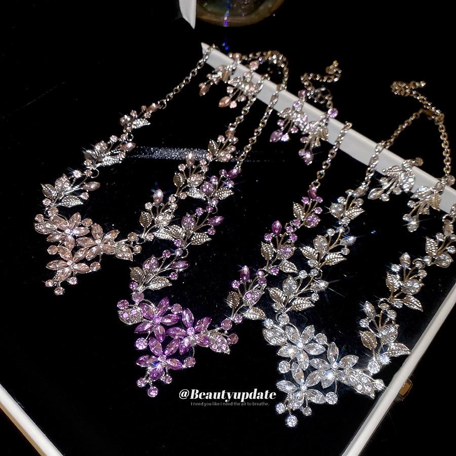 Luxury Rhinestone Leaf Flower Clavicle Necklace & Earring Set for Women