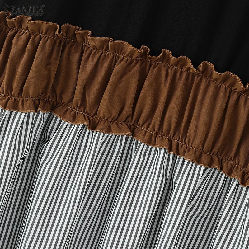 ZANZEA Rochie Casual Femei cu Gât Rotund, Mânecă Scurtă, Imbinare cu Dungi, Largă